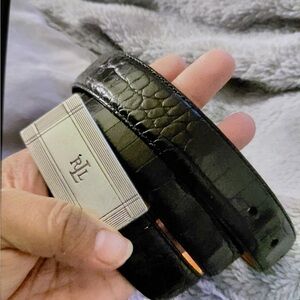 Ralph Lauren Black Croc-Embossed Leather Belt with Silver RL Buckle